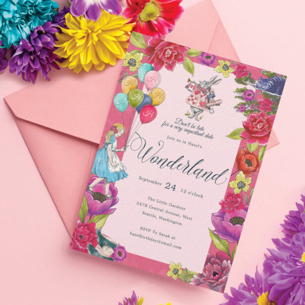 Don't Be Late Vintage Alice In Wonderland Floral Invitation