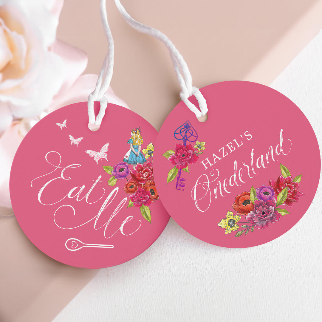 Drink Me Alice in Onederland Vibrant Floral teacup Favor Tags