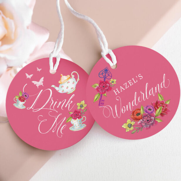 Drink Me Alice in Wonderland Vibrant Floral teacup Favor Tags