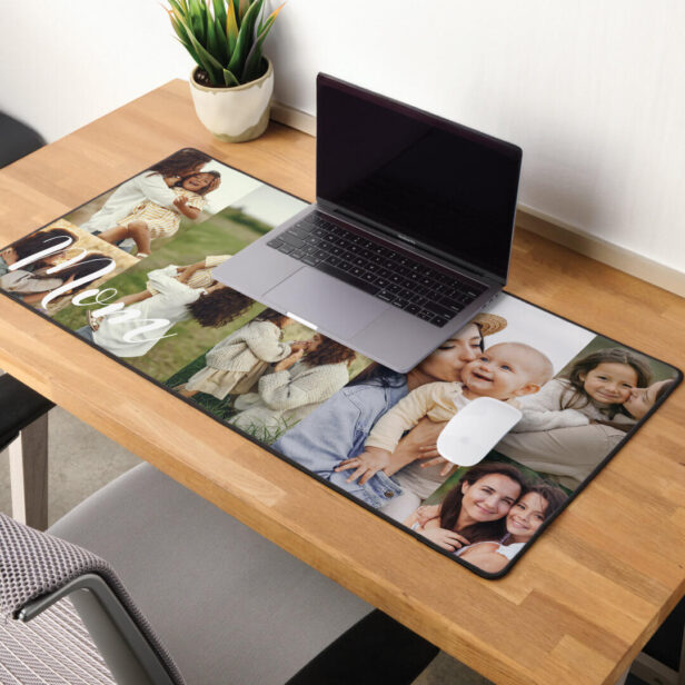 Elegant Script Mom Photo Grid Layout Personalized Desk Mat