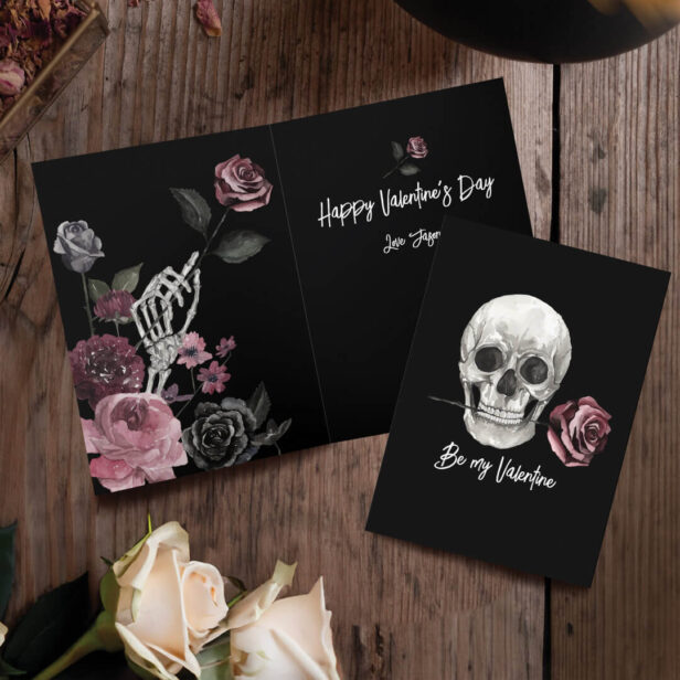 Gothic Black Skeleton Scull Rose Valentine's Day Holiday Card