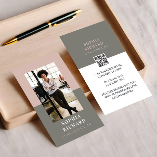 Modern Minimal Pink & Grey Business Photo QR Code Business Card