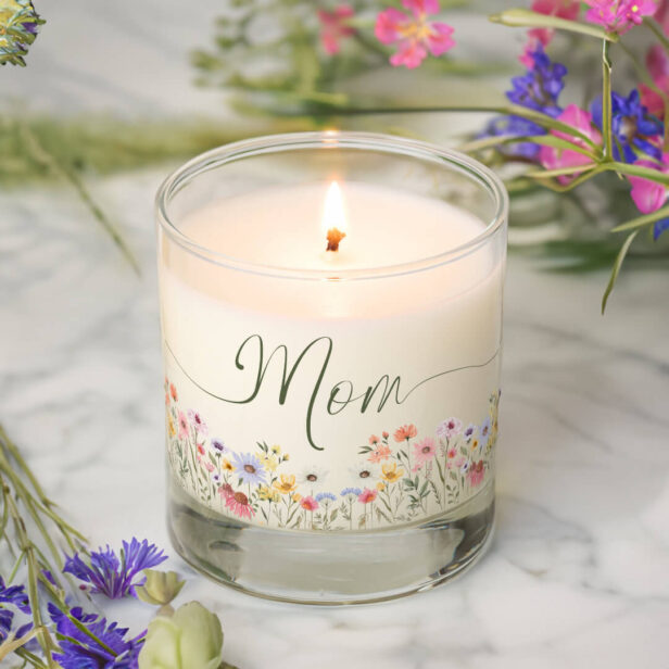 Mom Script Watercolor Wildflowers Mother's Day Scented Candle