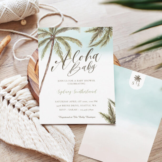 Tropical Watercolor Palm Trees Aloha Baby Shower Invitation