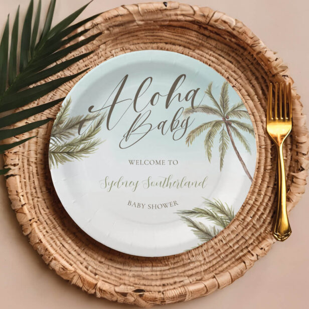 Tropical Watercolor Palm Trees Baby Shower Welcome Paper Plates