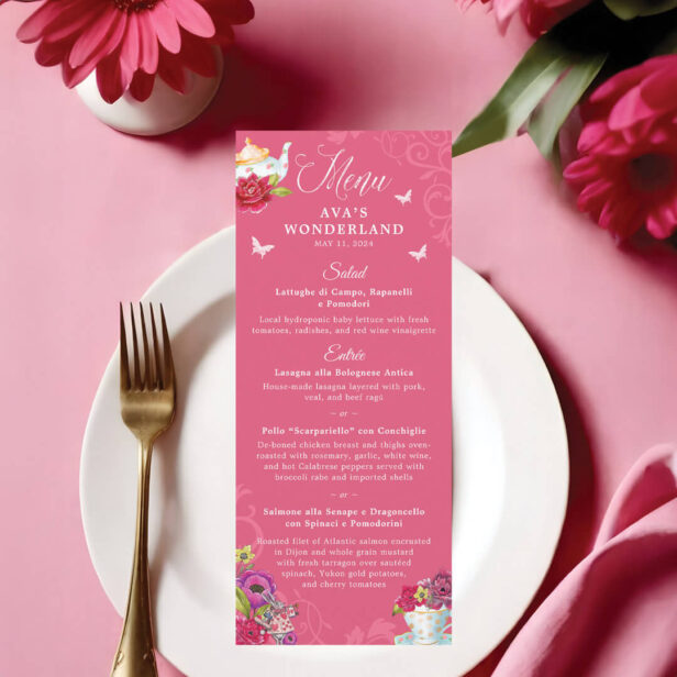 Alice In Wonderland Vibrant Florals Party Pink Menu
