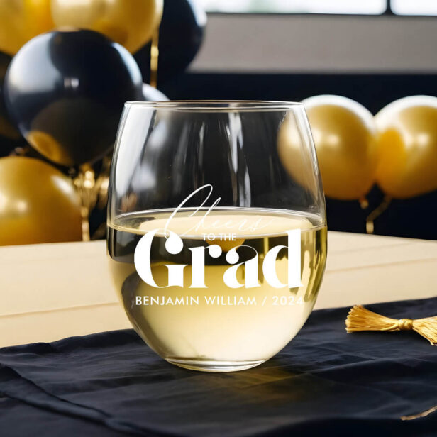 Cheers to the Grad | Minimal Custom Graduate Name Stemless Wine Glass