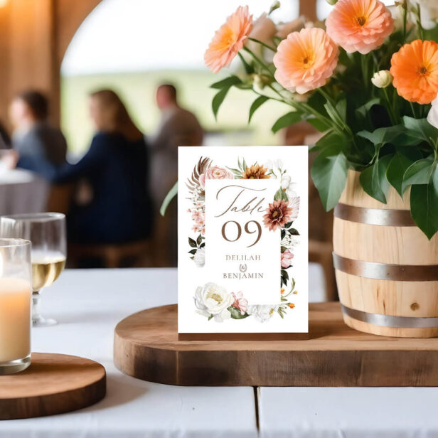 Chic Country Western Watercolor Florals Horseshoe Table Number