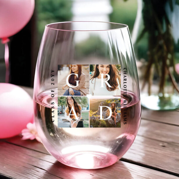 Elegant Grad Graduate Photo Collage Memories Stemless Wine Glass