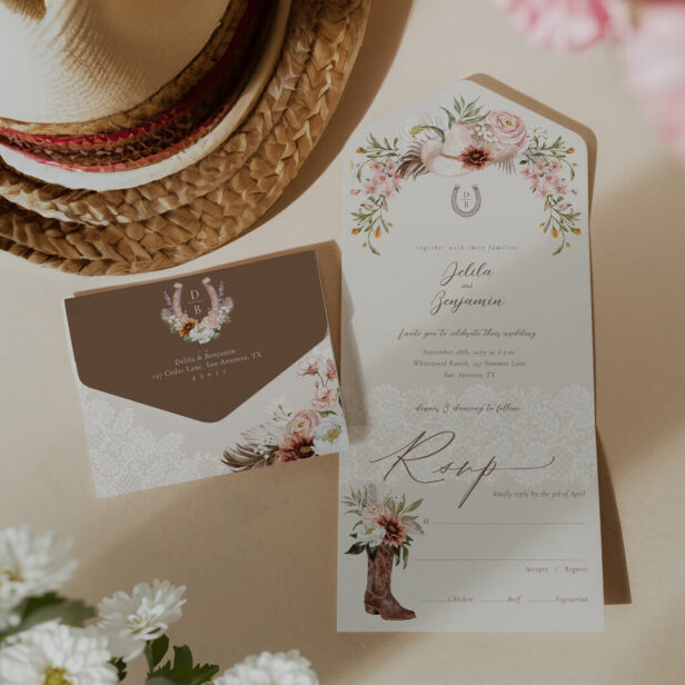 Floral Cowboy Hat Country Western Monogram Wedding All In One Invitation