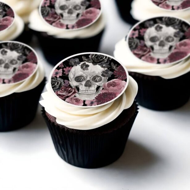 Gothic Til Death Wedding Watercolor Floral Skull Edible Frosting Rounds