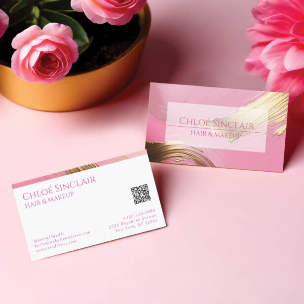 Modern Glamourous Hair & Makeup Artist Gold & Pink Business Card