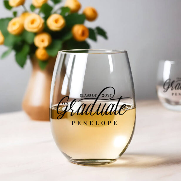 The Graduate Modern Script Class of 2024 Grad Name Stemless Wine Glass