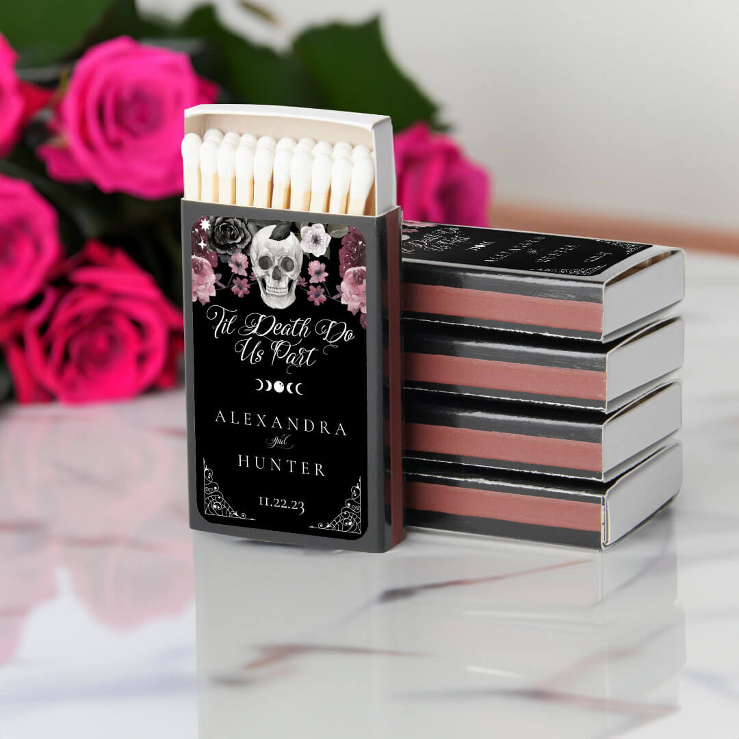 Til Death Watercolor Skull Rose Gothic Wedding Matchboxes