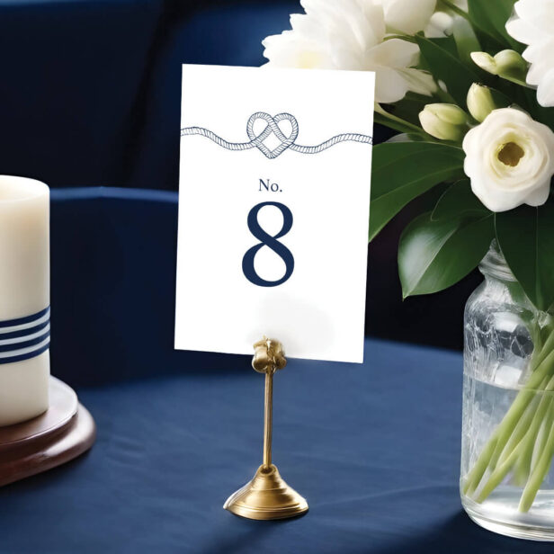 Tying The Knot Rope Heart Nautical White & Navy Table Number