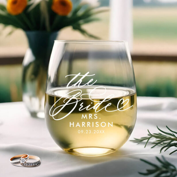 The Bride Elegant Script Brides Name Wedding Date Stemless Wine Glass