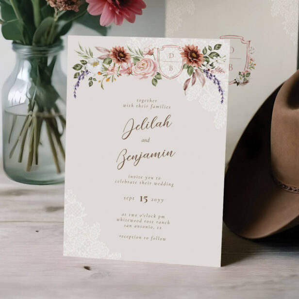 Watercolor Florals Western Monogram Crest Wedding Invitation