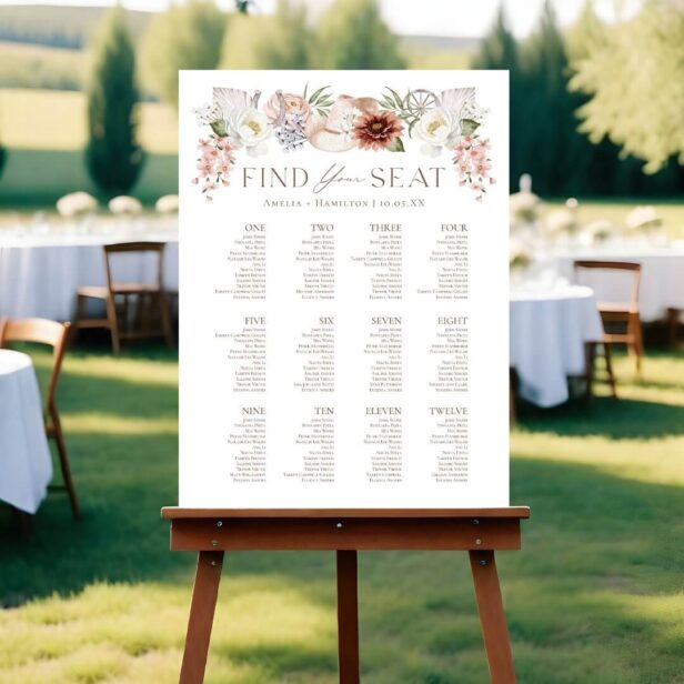 Western Boho Floral 12 Table Wedding Seating Chart Foam Board