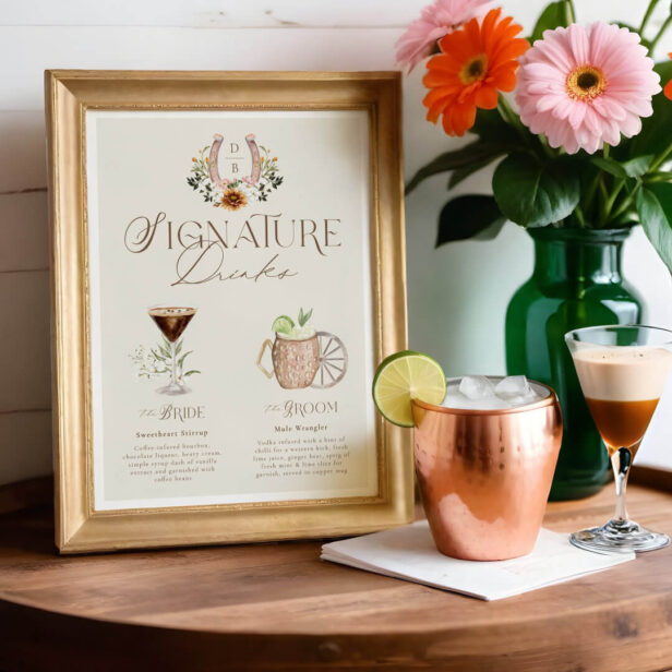 Western Watercolor Bride & Groom Signature Drinks Poster