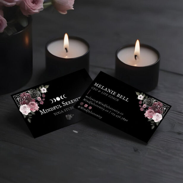 Black Gothic Watercolor Floral Holistic Wellness Business Card