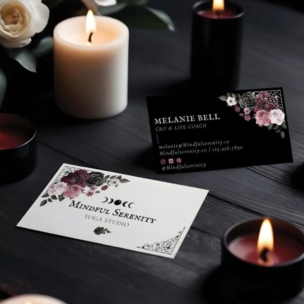 Black Gothic Watercolor Floral Holistic Wellness Business Card