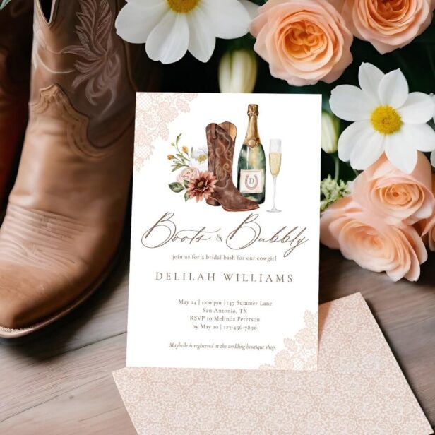 Boots & Bubbly Chic Cowgirl Western Bridal Shower Invitation