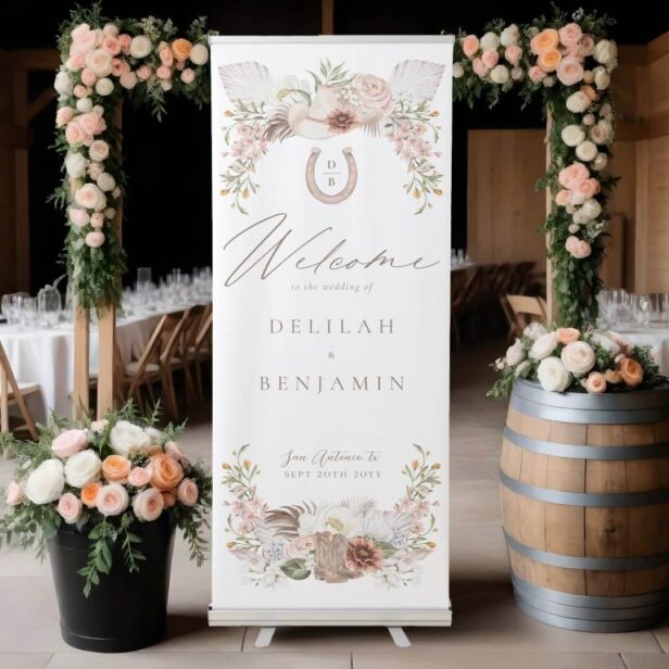 Country Western Boho Floral Cowboy Wedding Welcome Retractable Banner