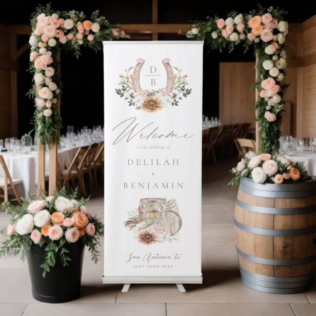 Country Western Floral Horseshoe Wedding Welcome Retractable Banner