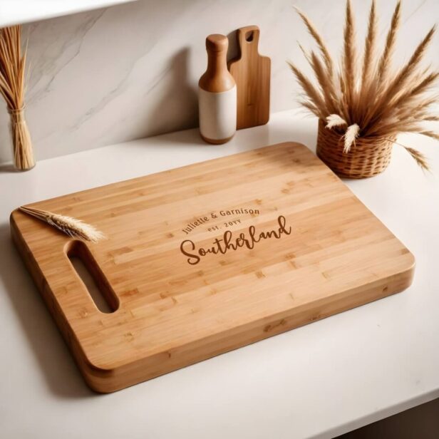 Elegant Script Personalized Family Name & Year Cutting Board