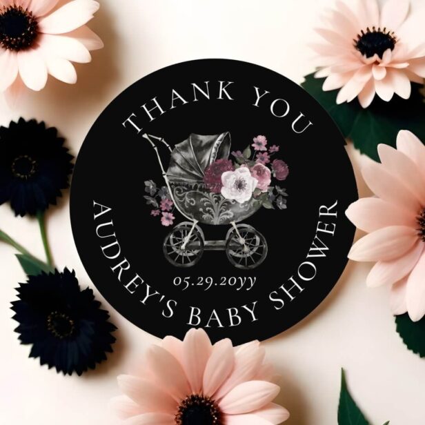 Floral Gothic Stroller Black Thank You Baby Shower Classic Round Sticker