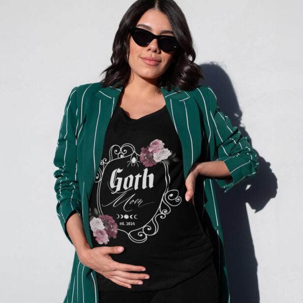 Goth Mom Pregnancy Announcement Floral Crest T-Shirt