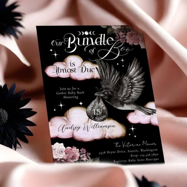 Gothic Bundle of Boo Raven Delivery Baby Girl Shower Invitation