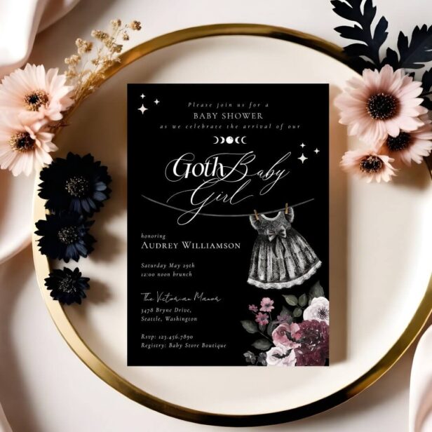 Gothic Halloween Black Dress Goth Girl Baby Shower Invitation