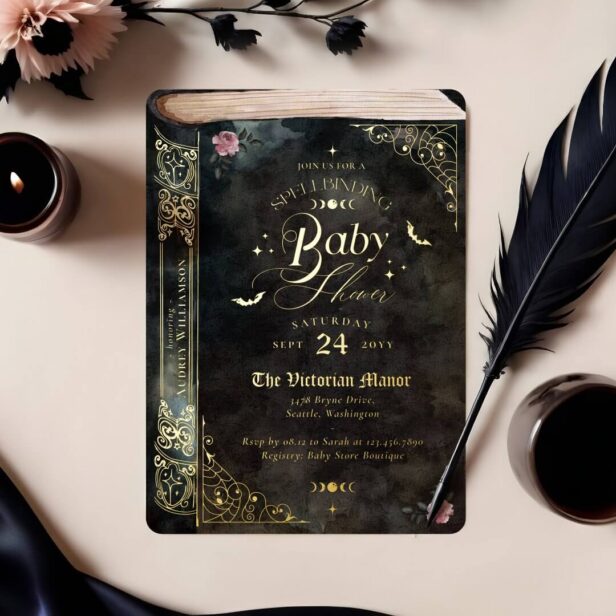 Gothic Spellbinding Vintage Goth Book Baby Shower Foil Invitation