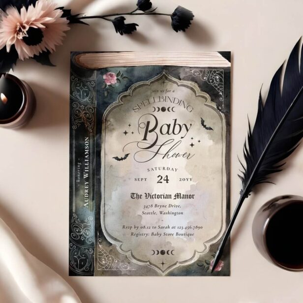 Gothic Spellbinding Vintage Goth Book Baby Shower Invitation
