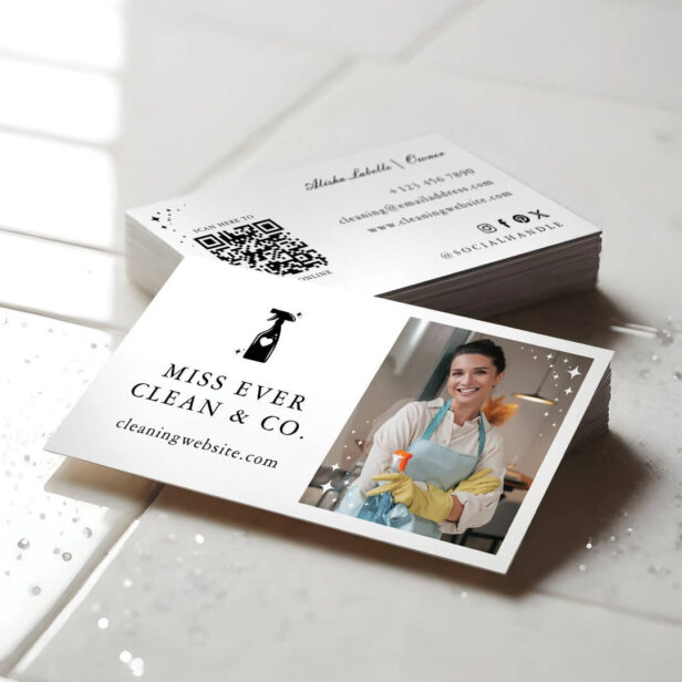 Minimal Cleaning & Maid Services Photo And Qr Code Business Card