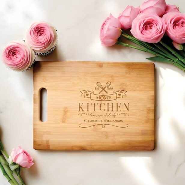 Mom's Kitchen Love Served Daily Personalized Name Cutting Board