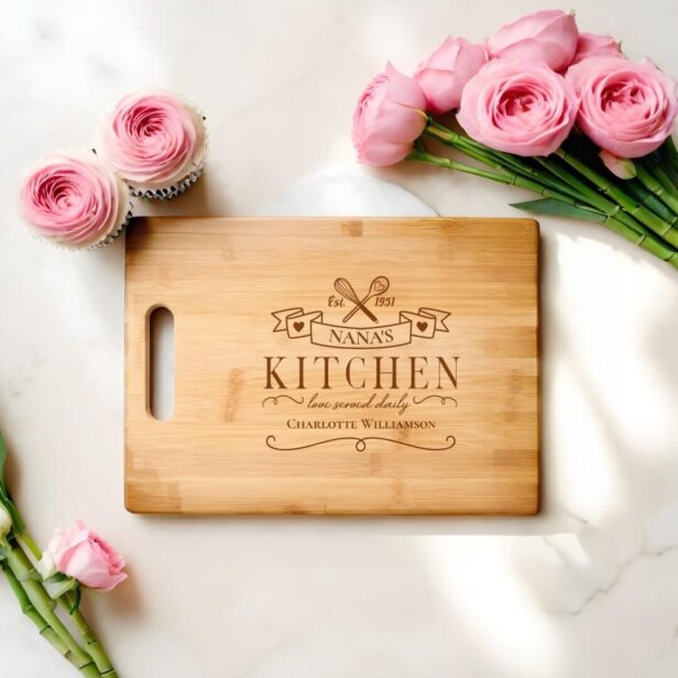 Nana's Kitchen Love Served Daily Personalized Name Cutting Board