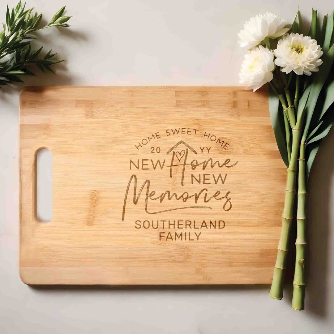 New Home New Memories Family Name Housewarming Cutting Board