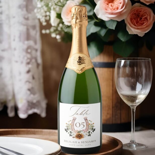 Western Floral Horseshoe Wedding Table Number Sparkling Wine Label