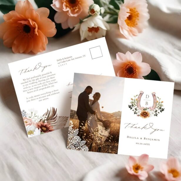 Western Lace Horseshoe Heart Script Wedding Photo Postcard