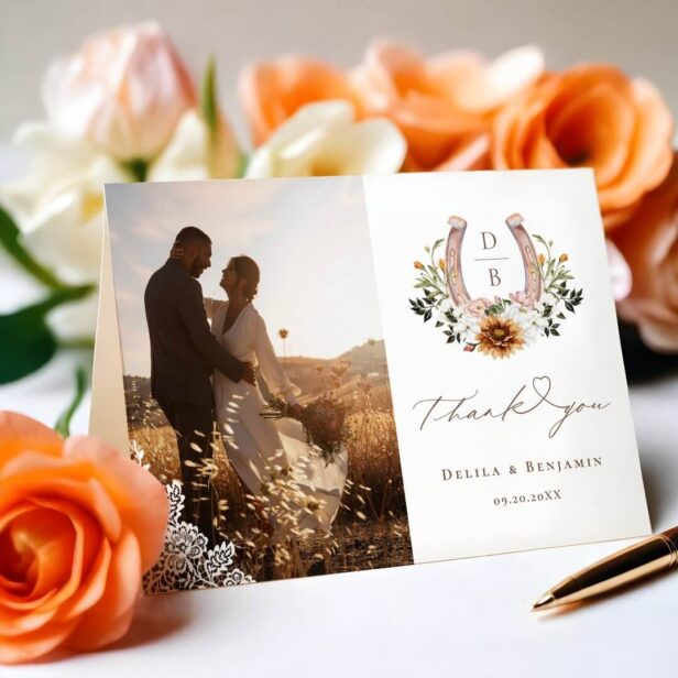 Western Lace Horseshoe Heart Script Wedding Photo Thank You Card