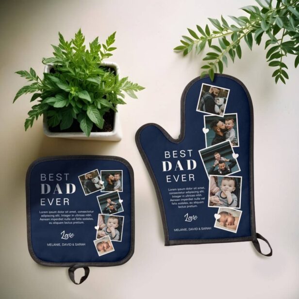 Best Dad Ever Fathers Day Photo Collage Navy Blue Oven Mitt & Pot Holder Set