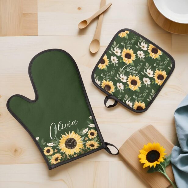 Chic Sunflower Floral Pattern Custom Script Name Oven Mitt & Pot Holder Set