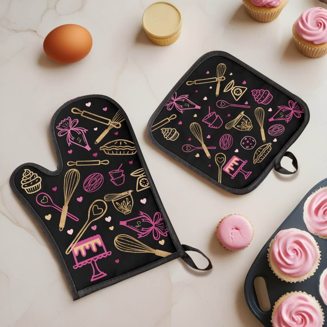 Colorful Baking & Cooking Utensil Black Gold Pink Oven Mitt & Pot Holder Set