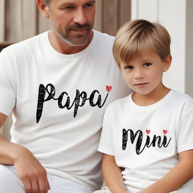 Cute Papa And Mini Fun Script And Heart T-Shirt