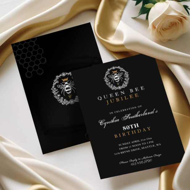 Elegant Queen Bee Jubilee Black & Gold Birthday Invitation