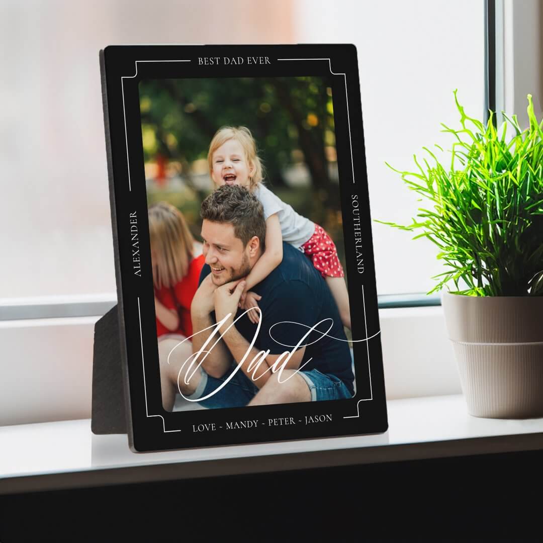 Elegant Script Best Dad Ever Custom Photo Keepsake Vertical Black Plaque