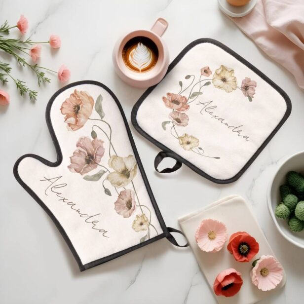 Floral Watercolor Icelandic Poppies Personalized Oven Mitt & Pot Holder Set
