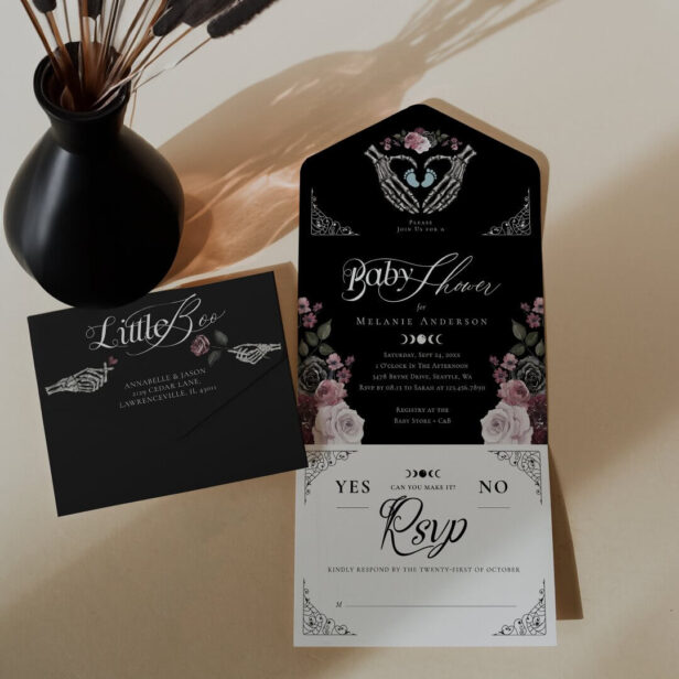 Gothic Floral Skeleton Hand Heart Baby Boy Shower All In One Invitation